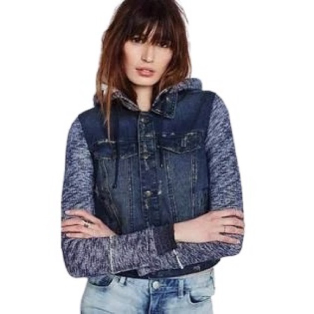 Free People Mixed Media Denim Jacket-navy